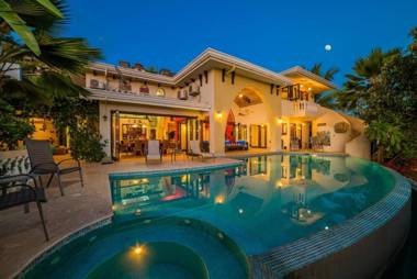 Ocean-view Flamingo Palace with stone courtyard and giant infinity pool