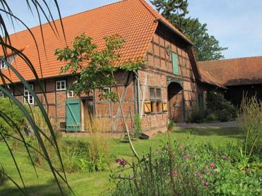 Historic half-timbered farmhouse in the Lüneburg Heath with wood stove