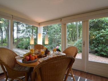 A detached bungalow with outdoor fireplace covered terrace and pond in a forest plot