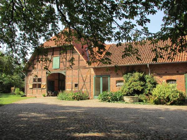 Historic half-timbered farmhouse in the Lüneburg Heath with wood stove