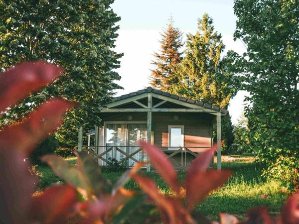Wooden chalet with covered terrace on the edge of a lake