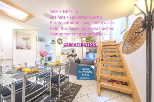 Beau Duplex 54m2 Calme 2 chambres NETFLIX et WIFI TV 140cms parking HYPERCENTRE a 400m arrivee tardive possible avec boite a cles